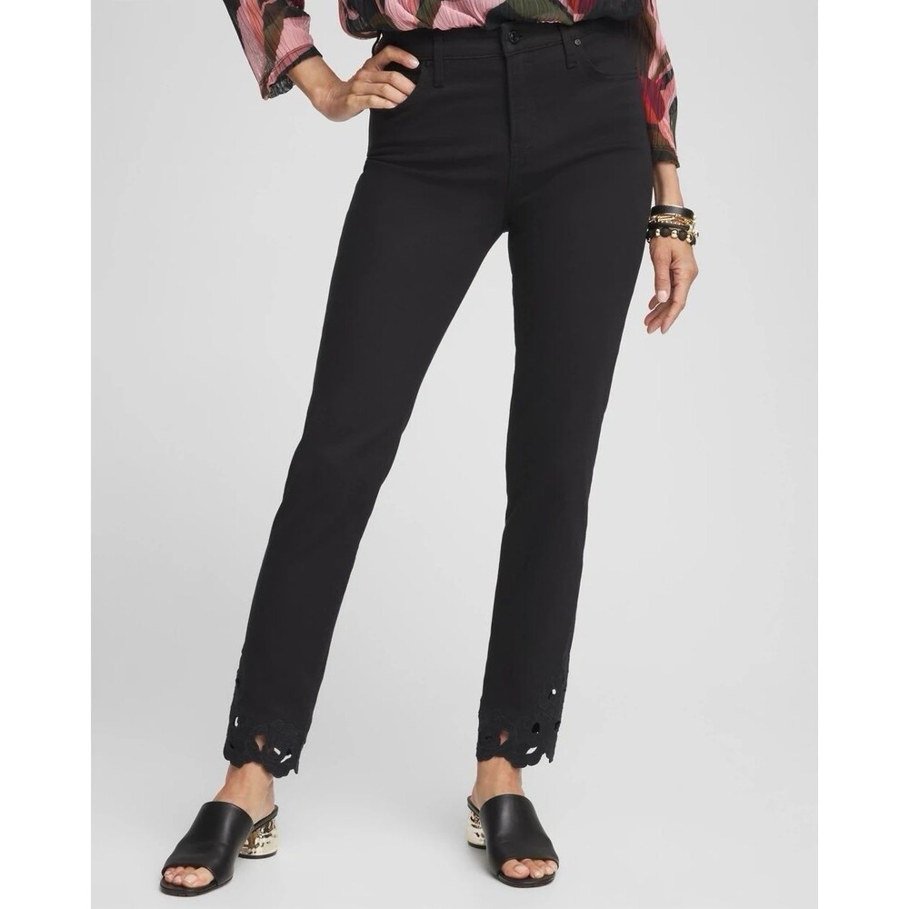 New Chicos Floral Cutout Slim Ankle Jeans Women Size 6R Black Denim 0.5R - Picture 2 of 11
